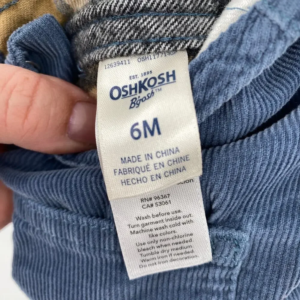 Oshkosh B'gosh Blue Corduroy Overalls Baby Flannel Lined Bibs 6 Months